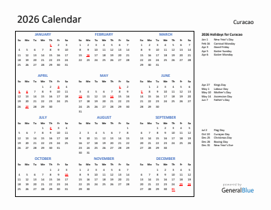 Curacao current year calendar 2026 with holidays