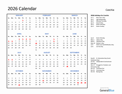 Czechia current year calendar 2026 with holidays