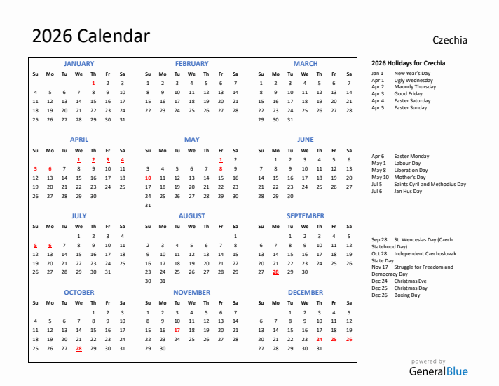 2026 Calendar with Holidays for Czechia