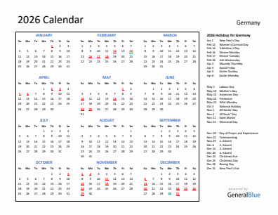 Germany current year calendar 2026 with holidays