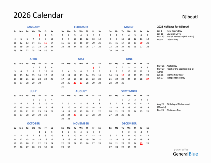 2026 Calendar with Holidays for Djibouti