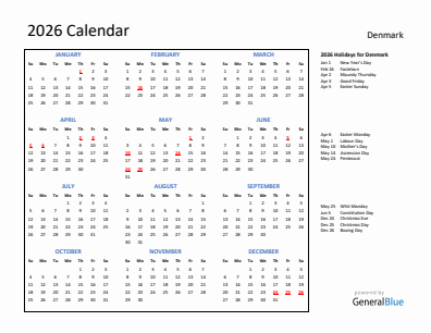 Denmark current year calendar 2026 with holidays