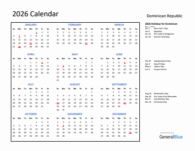 Dominican Republic current year calendar 2026 with holidays