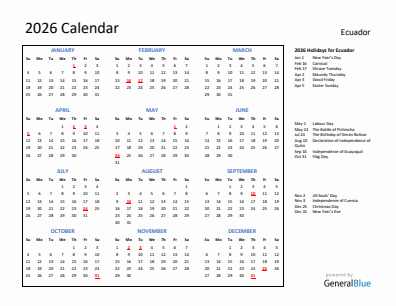 Ecuador current year calendar 2026 with holidays