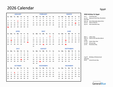 Egypt current year calendar 2026 with holidays