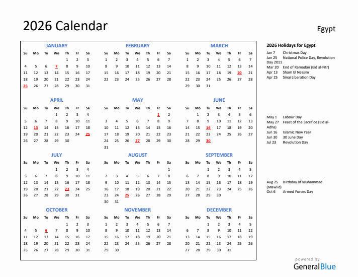 2026 Calendar with Holidays for Egypt
