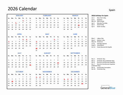 Spain current year calendar 2026 with holidays