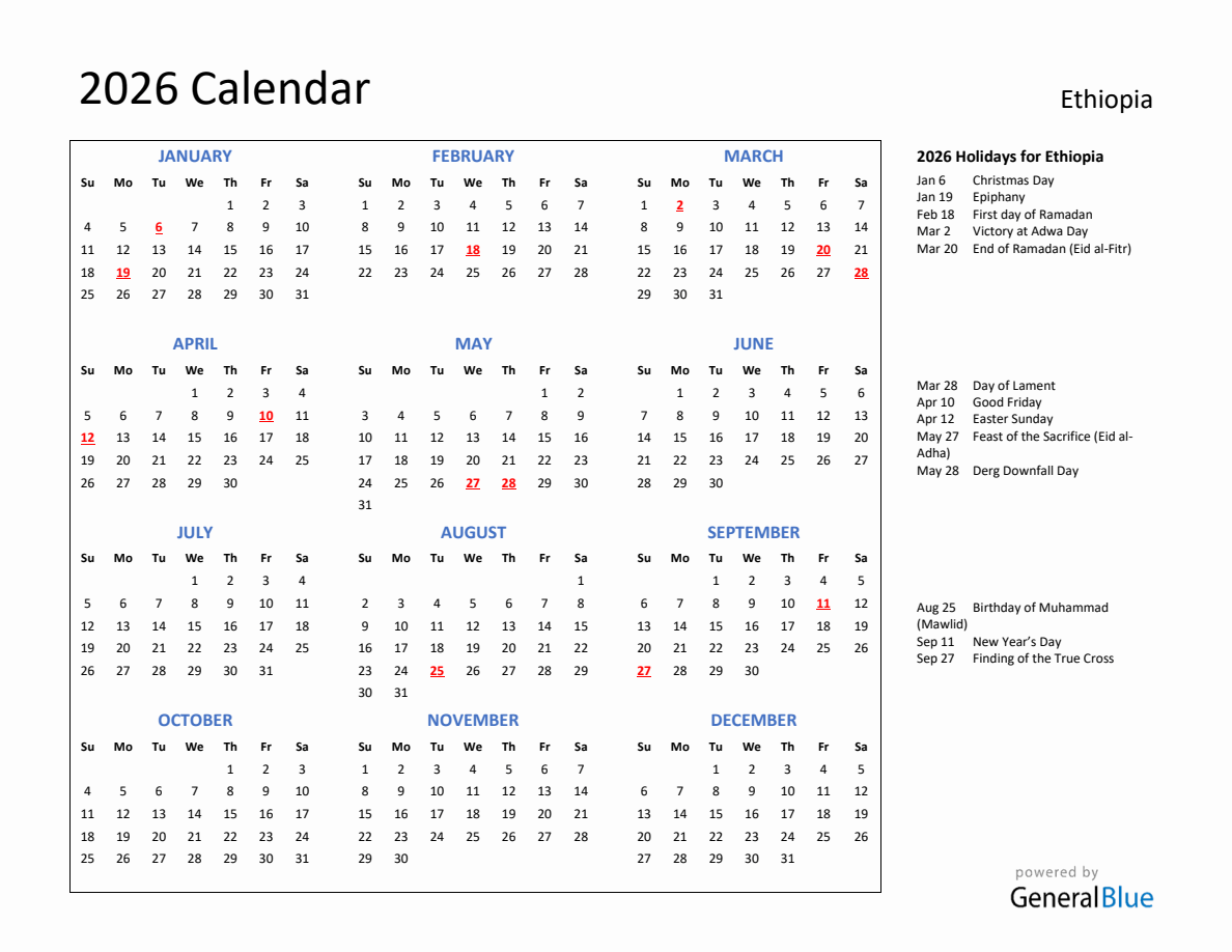 2026 Calendar with Holidays for Ethiopia