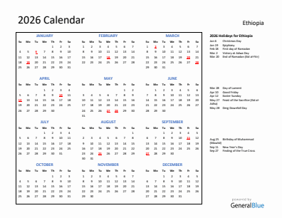 Ethiopia current year calendar 2026 with holidays