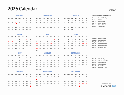Finland current year calendar 2026 with holidays