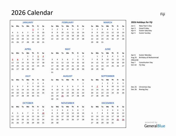 2026 Calendar with Holidays for Fiji