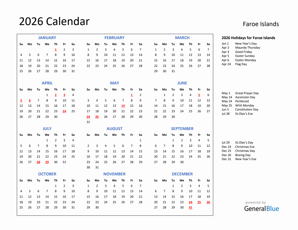2026 Calendar with Holidays for Faroe Islands