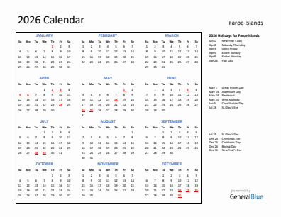 Faroe Islands current year calendar 2026 with holidays