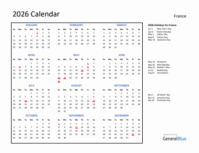 France current year calendar 2026 with holidays