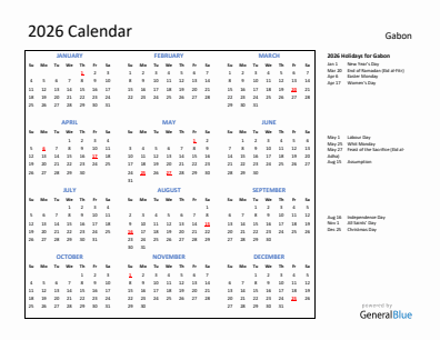 Gabon current year calendar 2026 with holidays