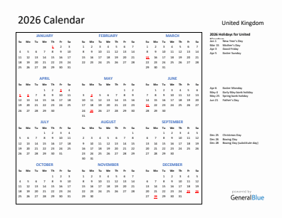 United Kingdom current year calendar 2026 with holidays