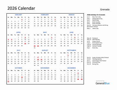 Grenada current year calendar 2026 with holidays