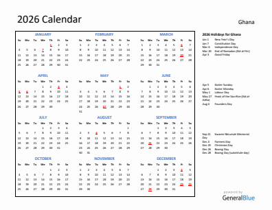 Ghana current year calendar 2026 with holidays