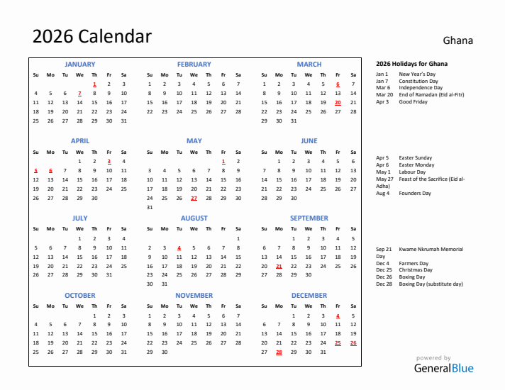 2026 Calendar with Holidays for Ghana
