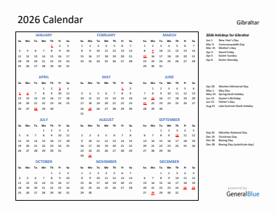 Gibraltar current year calendar 2026 with holidays