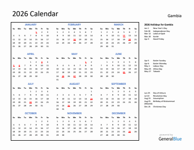 Gambia current year calendar 2026 with holidays