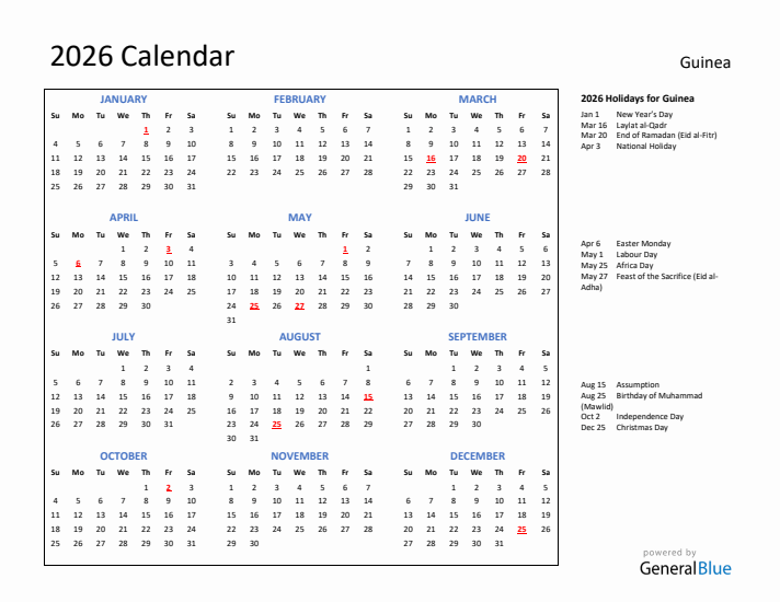 2026 Calendar with Holidays for Guinea