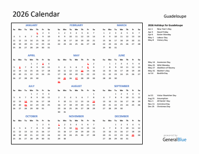 Guadeloupe current year calendar 2026 with holidays