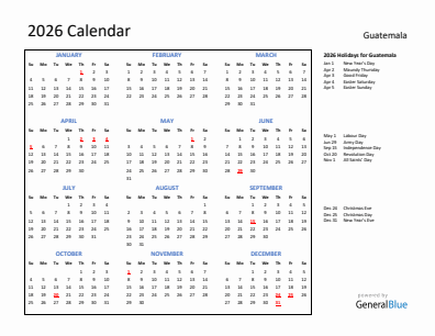 Guatemala current year calendar 2026 with holidays
