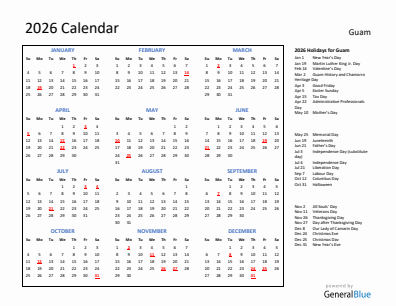 Guam current year calendar 2026 with holidays
