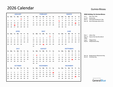 Guinea-Bissau current year calendar 2026 with holidays