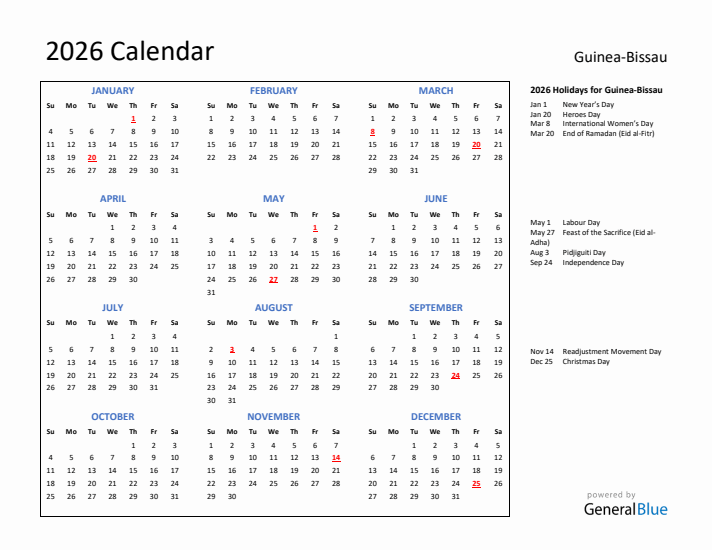 2026 Calendar with Holidays for Guinea-Bissau
