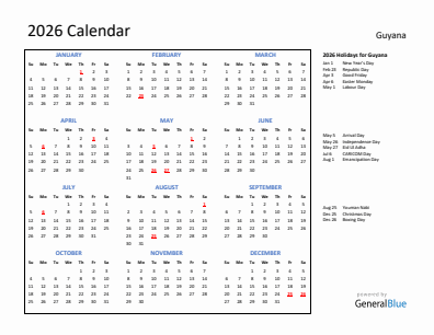 Guyana current year calendar 2026 with holidays