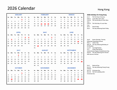 Hong Kong current year calendar 2026 with holidays