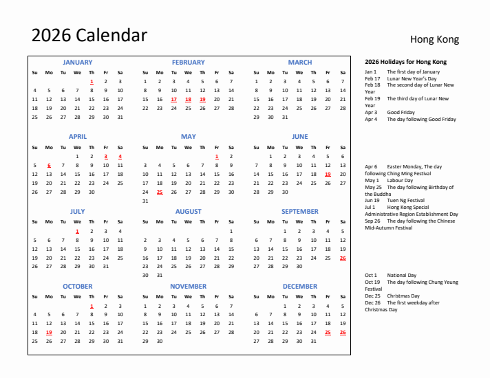 2026 Calendar with Holidays for Hong Kong