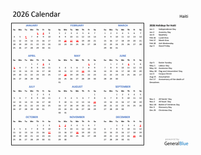 Haiti current year calendar 2026 with holidays