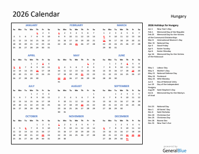 Hungary current year calendar 2026 with holidays