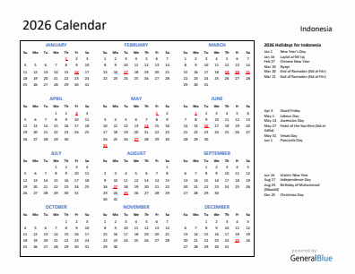 Indonesia current year calendar 2026 with holidays