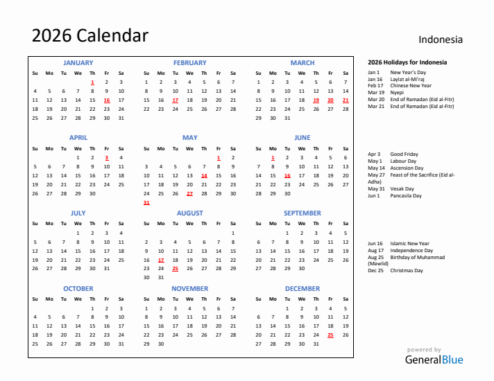 2026 Calendar with Holidays for Indonesia