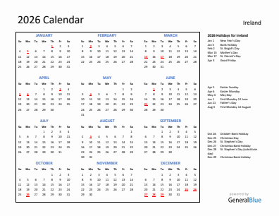 Ireland current year calendar 2026 with holidays