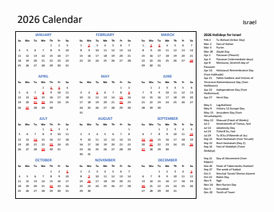 Israel current year calendar 2026 with holidays