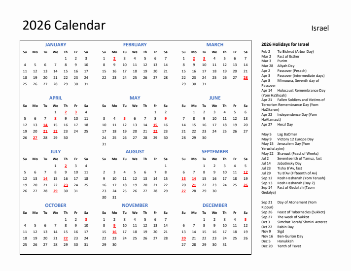 2026 Calendar with Holidays for Israel