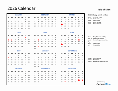 Isle of Man current year calendar 2026 with holidays