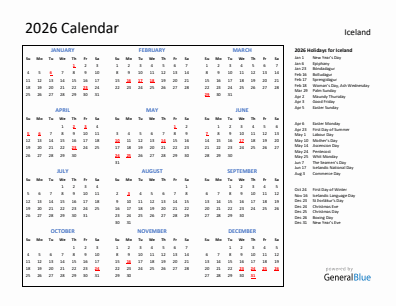 Iceland current year calendar 2026 with holidays