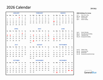 Jersey current year calendar 2026 with holidays