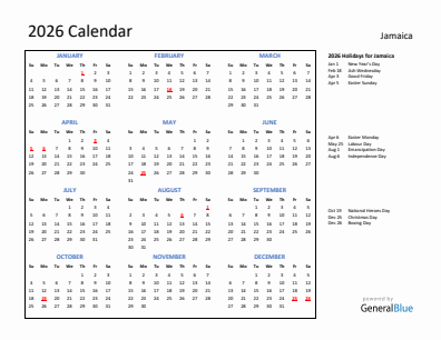 Jamaica current year calendar 2026 with holidays