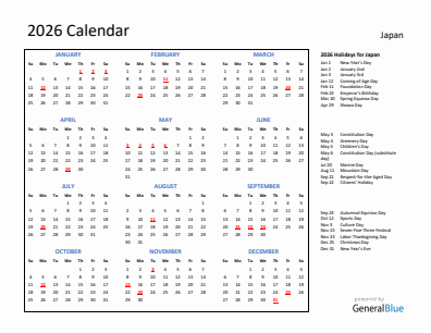 Japan current year calendar 2026 with holidays