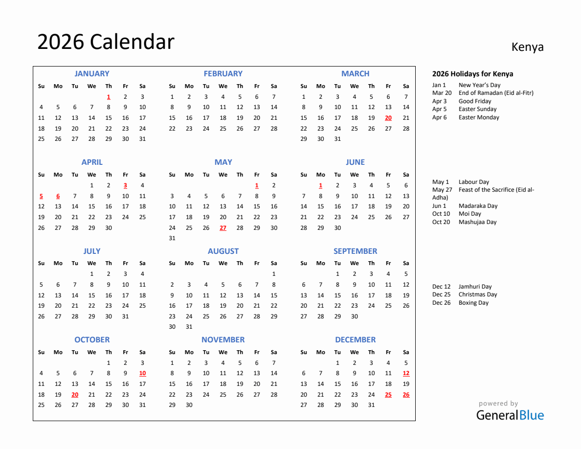 2026 Calendar with Holidays for Kenya
