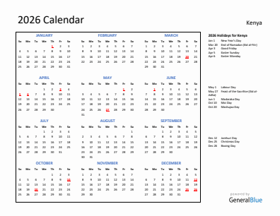 Kenya current year calendar 2026 with holidays