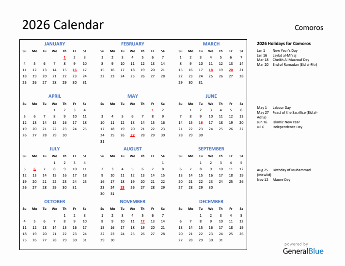2026 Calendar with Holidays for Comoros