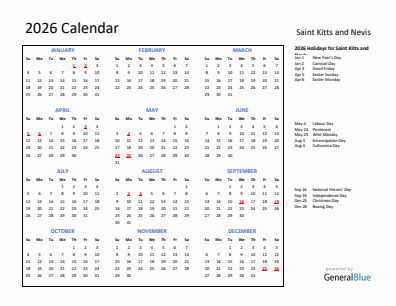 Saint Kitts and Nevis current year calendar 2026 with holidays